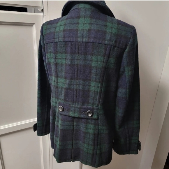St John's Bay Wool Blend Peacoat Blue Green Plaid Size S Small Lined Pea Coat - Picture 3 of 12